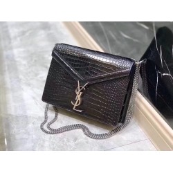 Saint Laurent Cassandra Clasp Bag In Black Croc-Embossed Leather 445