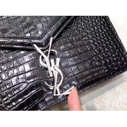 Saint Laurent Cassandra Clasp Bag In Black Croc-Embossed Leather 445