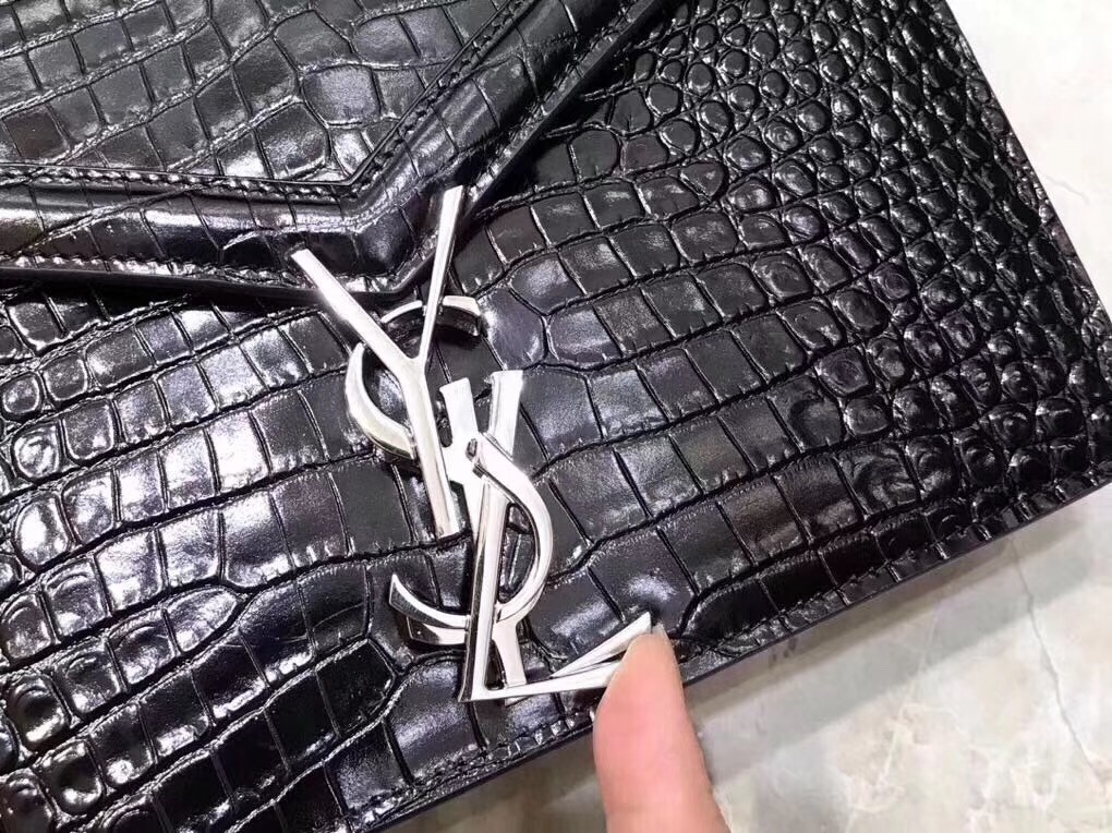 Saint Laurent Cassandra Clasp Bag In Black Croc-Embossed Leather 445