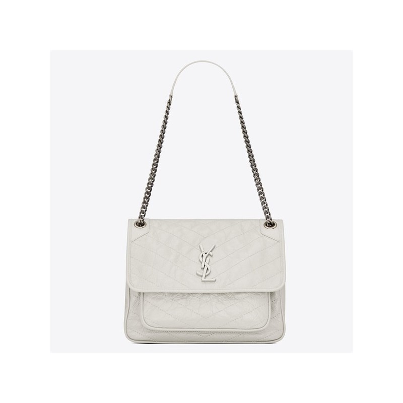 Saint Laurent Large Niki Chain Bag In White Crinkled Leather 637