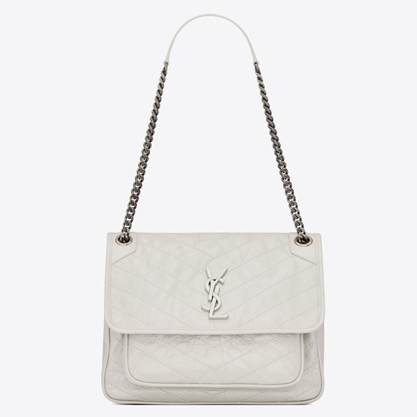 Saint Laurent Large Niki Chain Bag In White Crinkled Leather 637