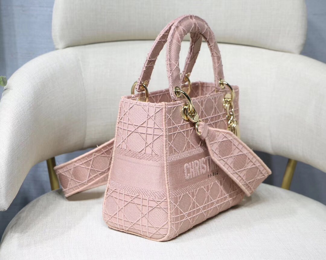 Dior Medium Lady D-Lite Bag In Pink Embroidered Canvas 578