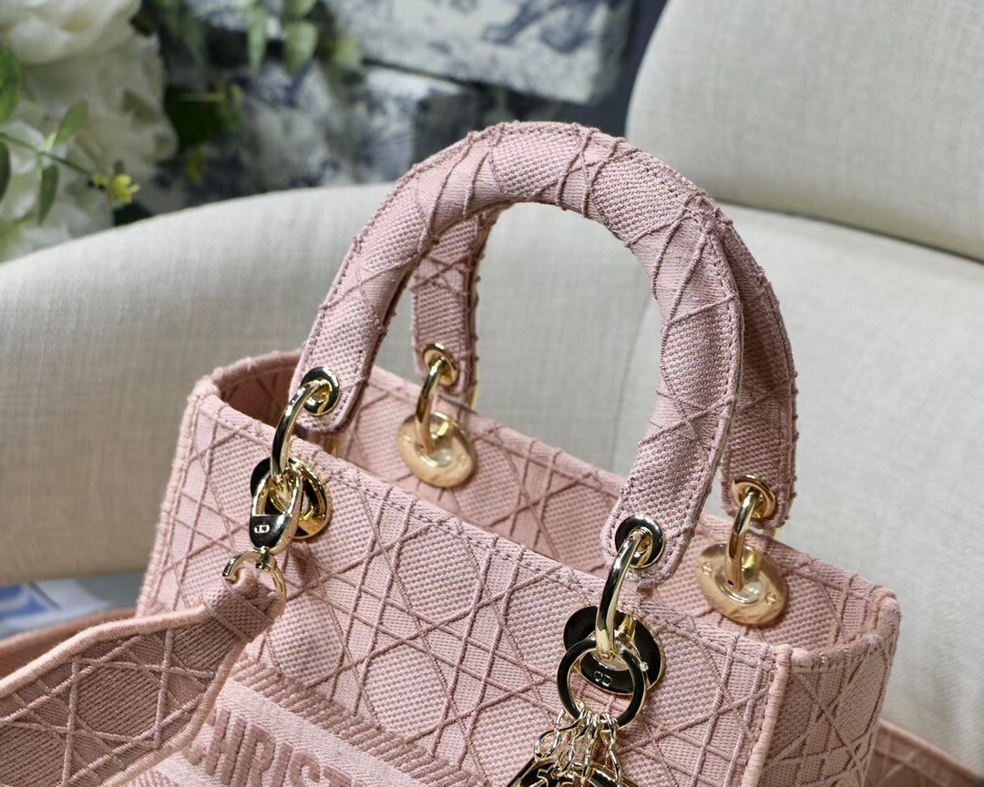 Dior Medium Lady D-Lite Bag In Pink Embroidered Canvas 578