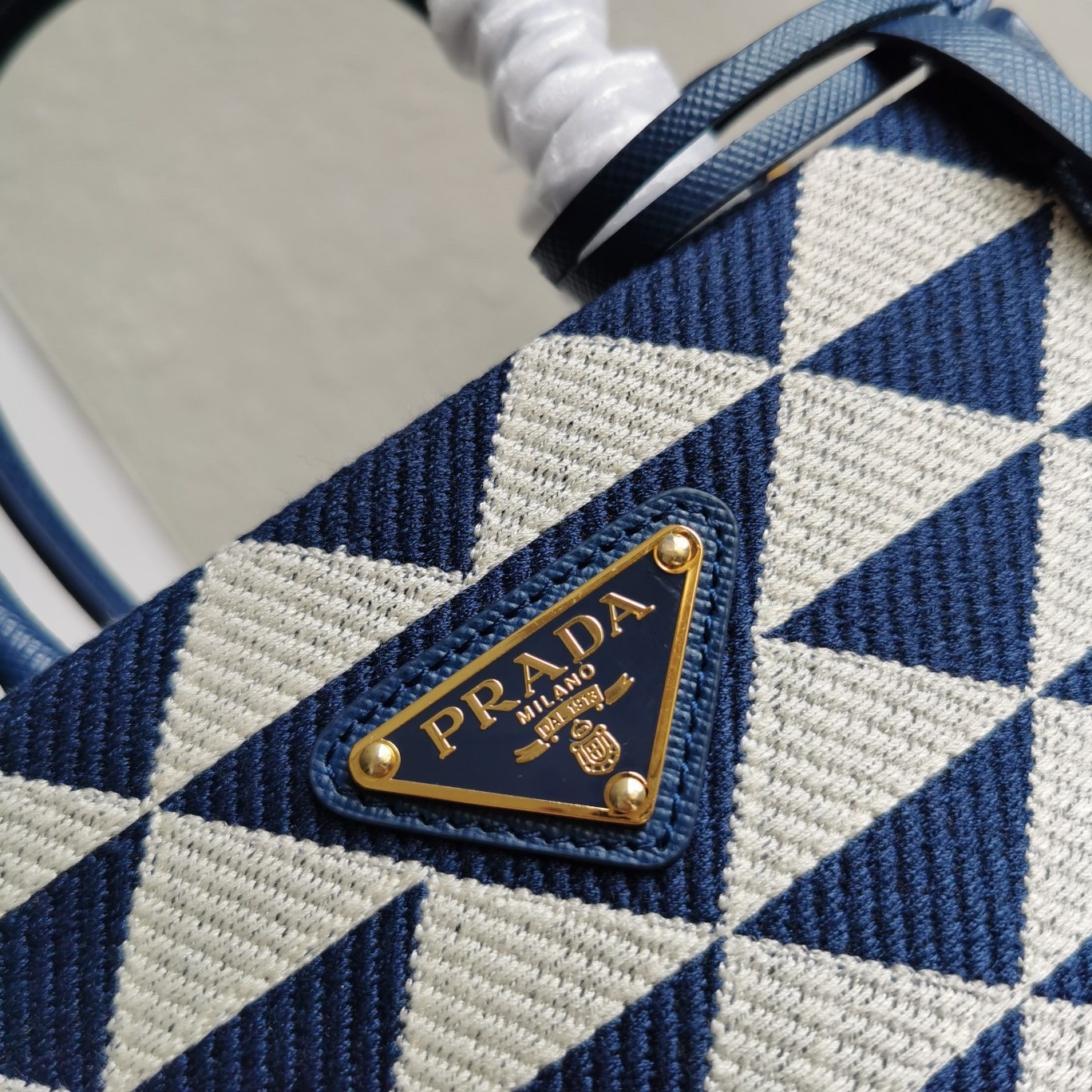 Prada Symbole Micro Bag In White/Blue Jjacquard Fabric 234