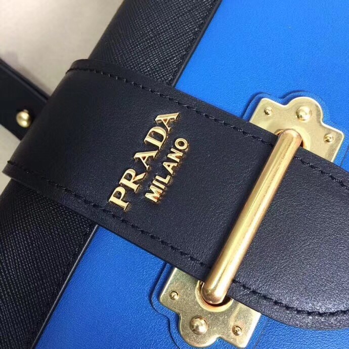 Prada Cahier Shoulder Bag In Blue Hydra /Black Leather 110