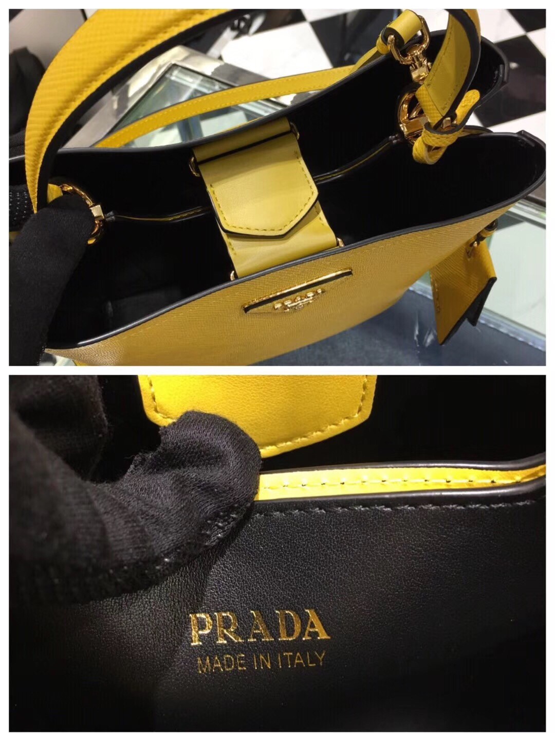 Prada Yellow Saffiano North South Double Medium Bag 247