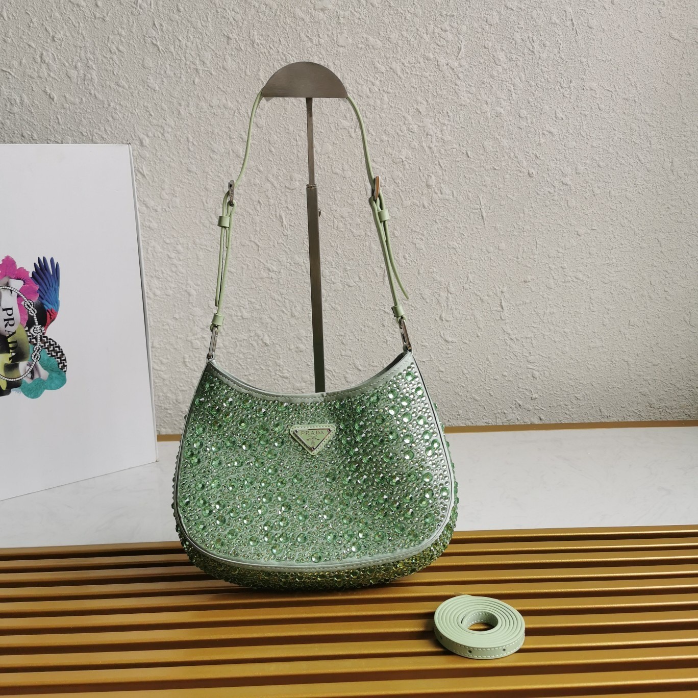 Prada Cleo Bag In Aqua Satin with Cystal Appliques 341