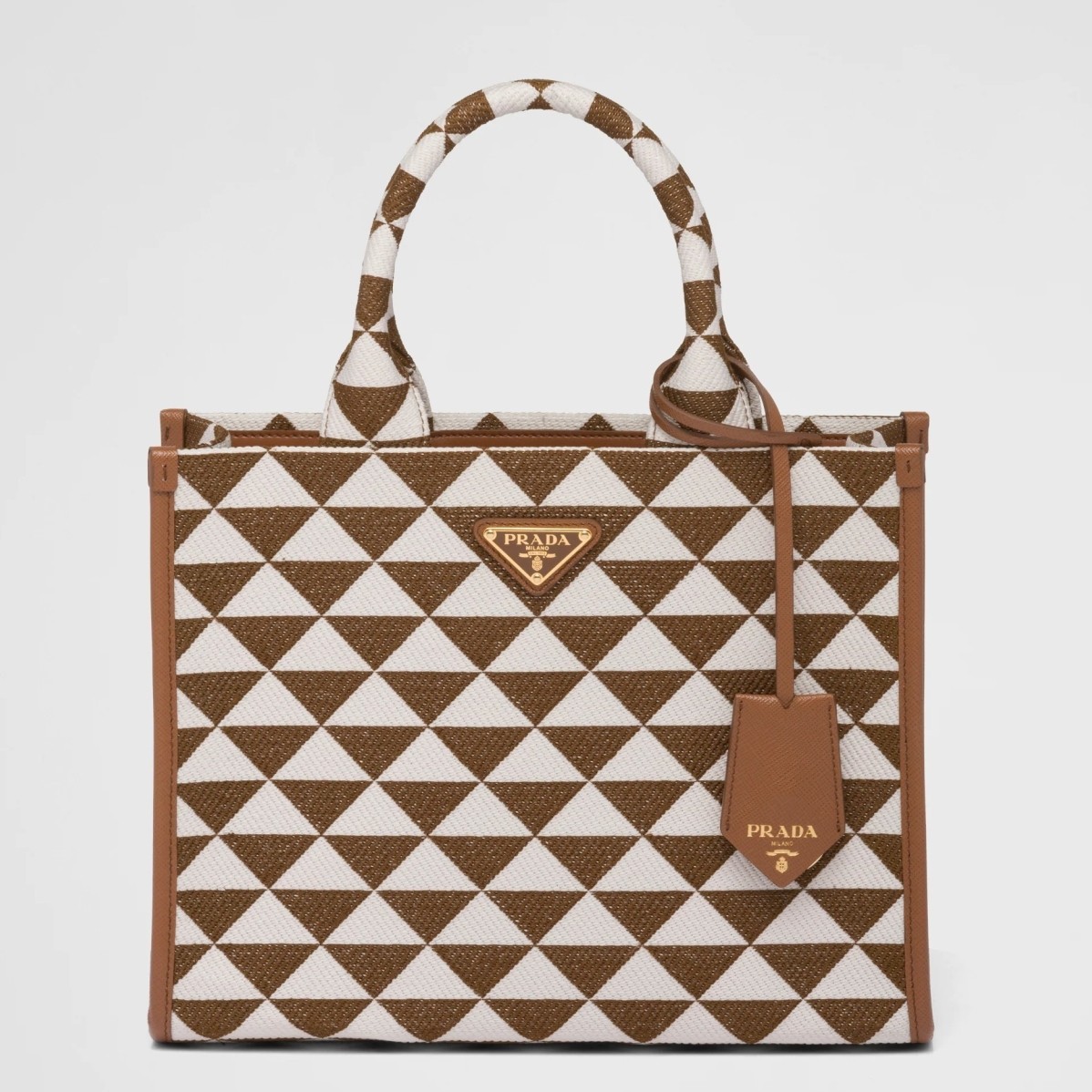 Prada Symbole Small Bag In White/Brown Jjacquard Fabric 662