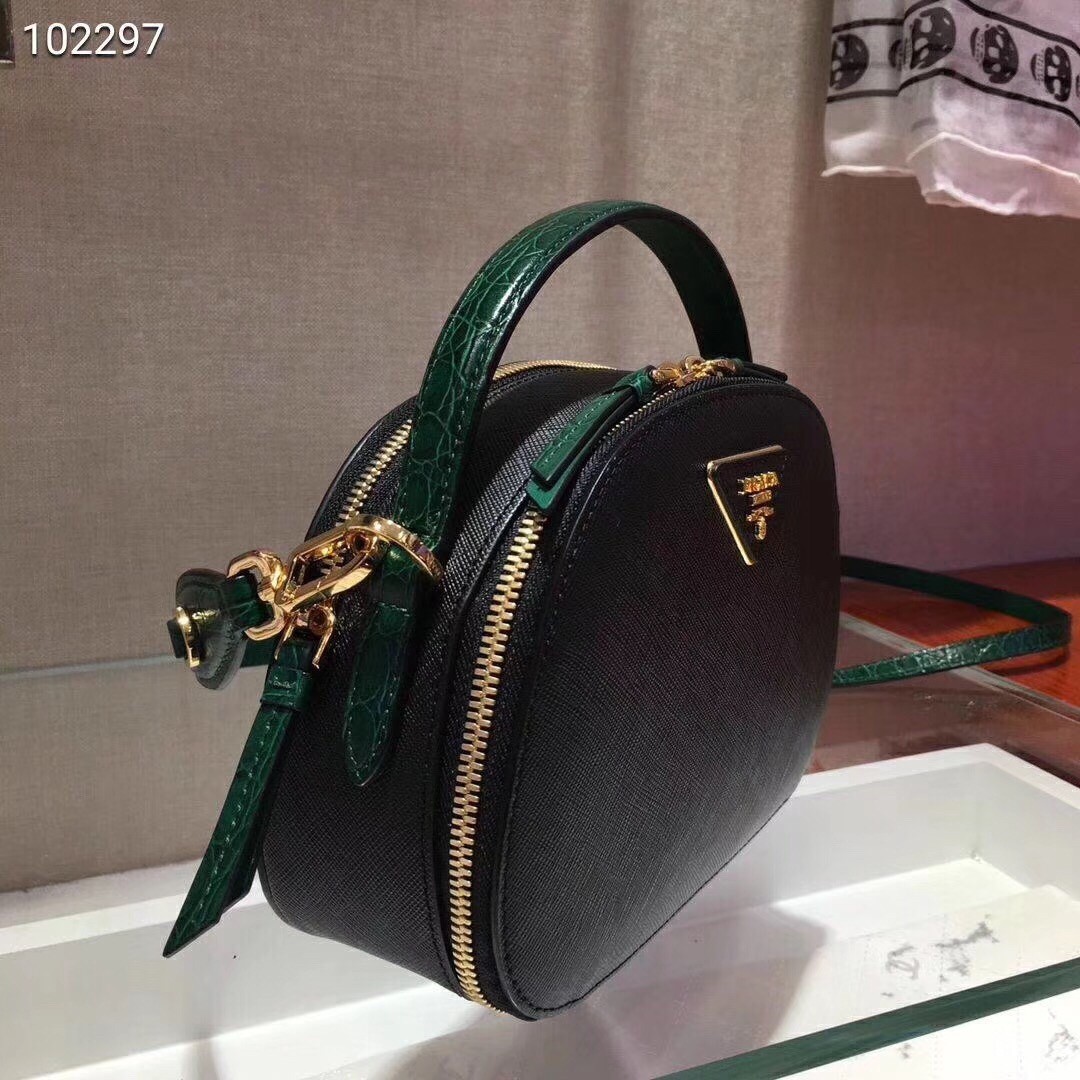 Prada Odette Black Saffiano And Green Crocodile Bag 950