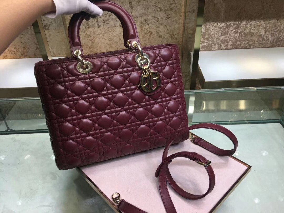 Dior Large Lady Dior Bag In Bordeaux Cannage Lambskin 476