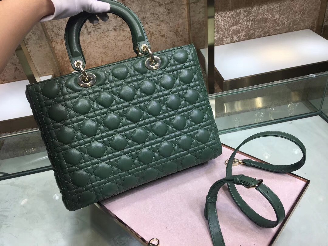 Dior Large Lady Dior Bag In Green Cannage Lambskin 508