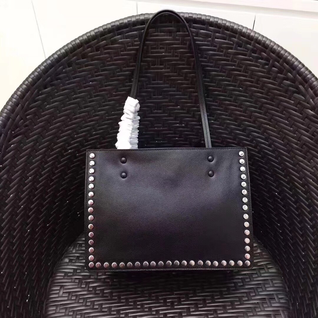 Prada Black Etiquette Calfskin Tote With Metal Stud Trim 436