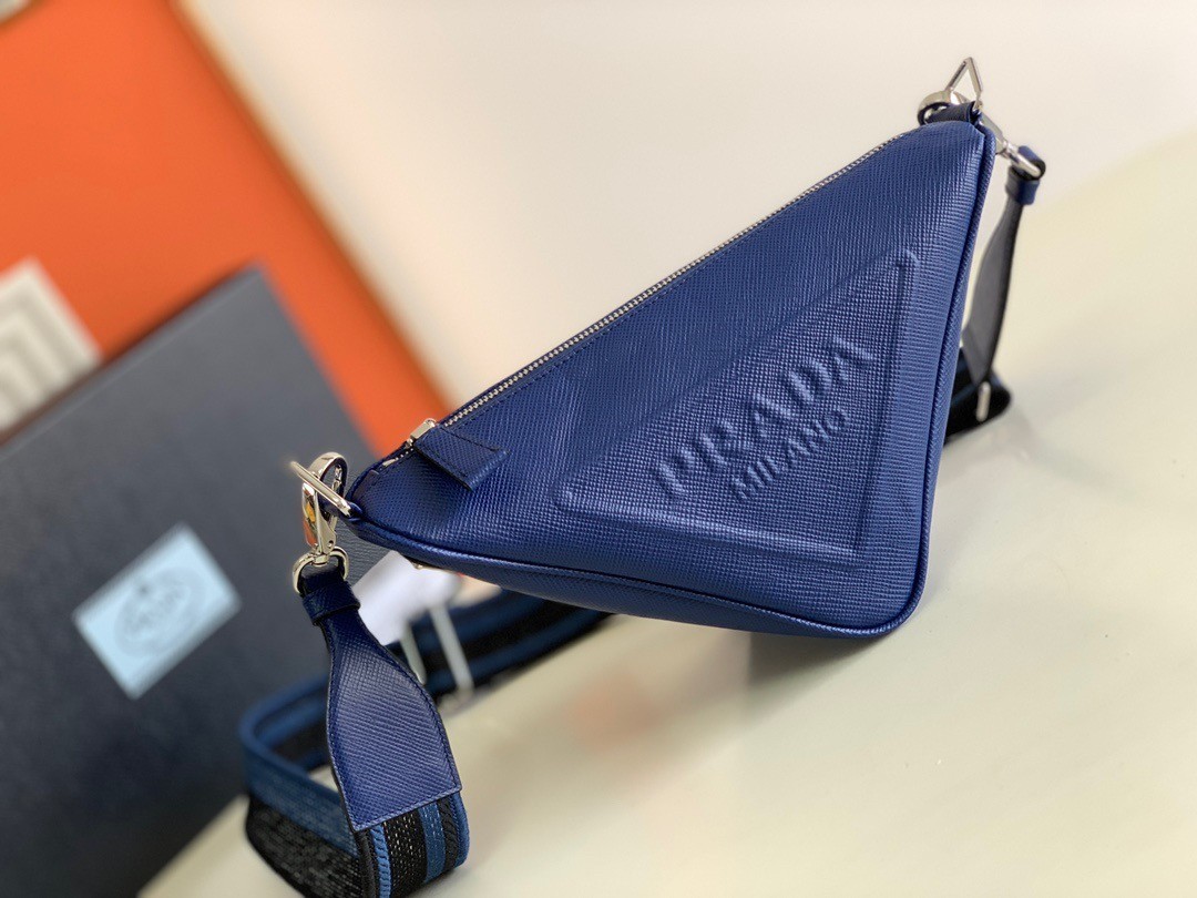 Prada Triangle Shoulder Bag In Blue Saffiano Calfskin 459