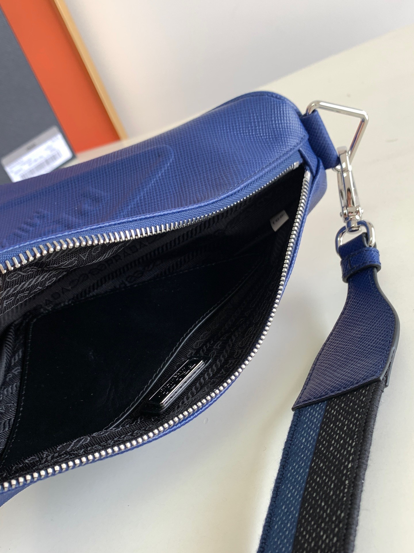 Prada Triangle Shoulder Bag In Blue Saffiano Calfskin 459