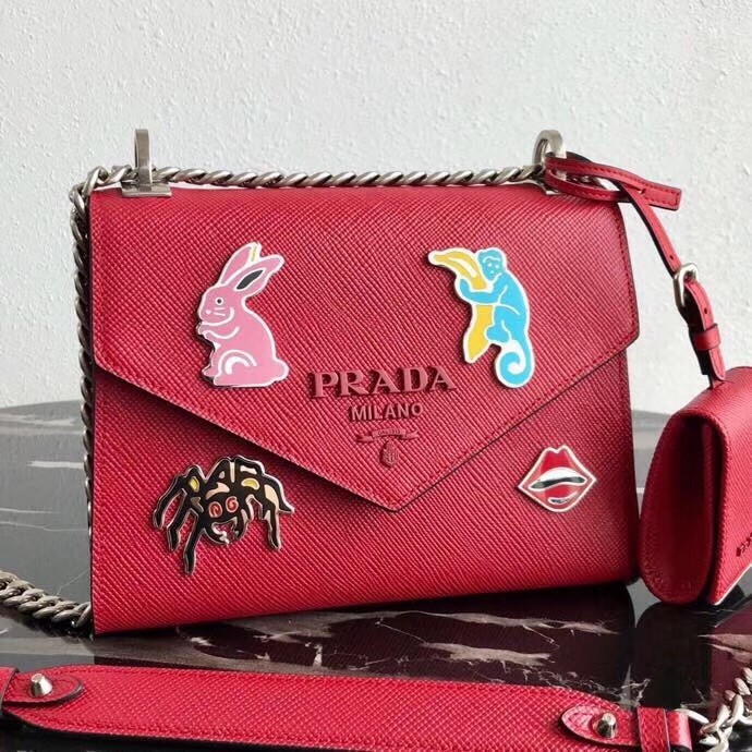 Prada Red Monochrome Flap Bag With Metal Appliques 542