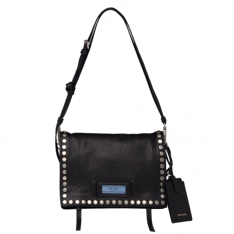 Prada Etiquette Bag In Black Calfskin With Metal Stud Trim 767