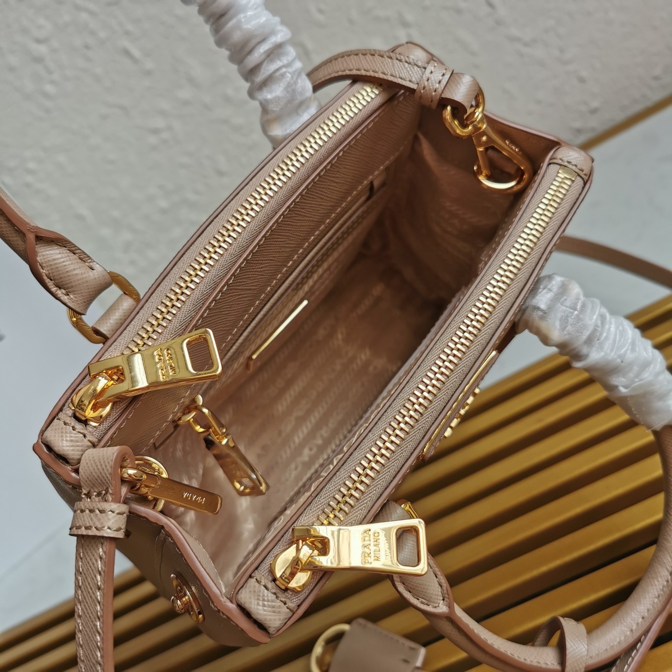 Prada Mini Galleria Bag In Beige Saffiano Leather 670