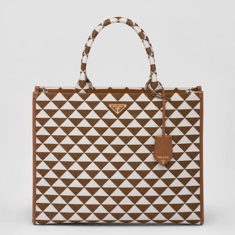 Prada Symbole Large Bag In White/Brown Jjacquard Fabric 773