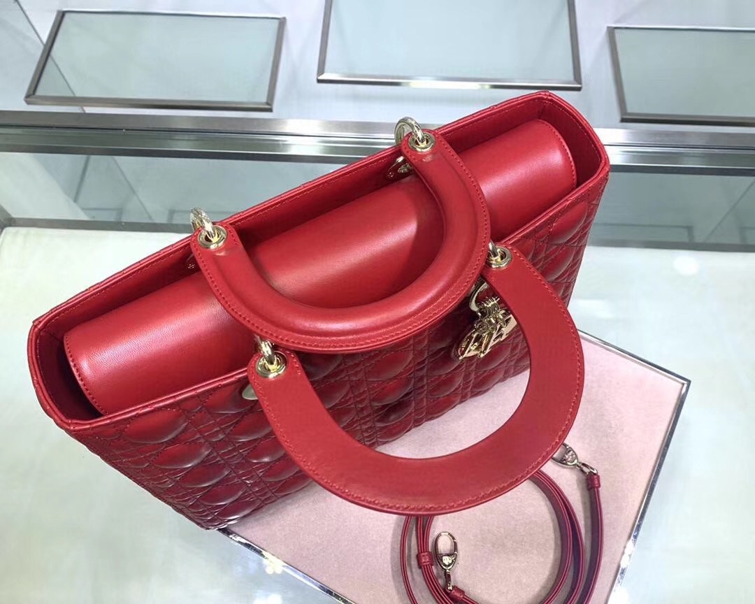 Dior Large Lady Dior Bag In Red Cannage Lambskin 763