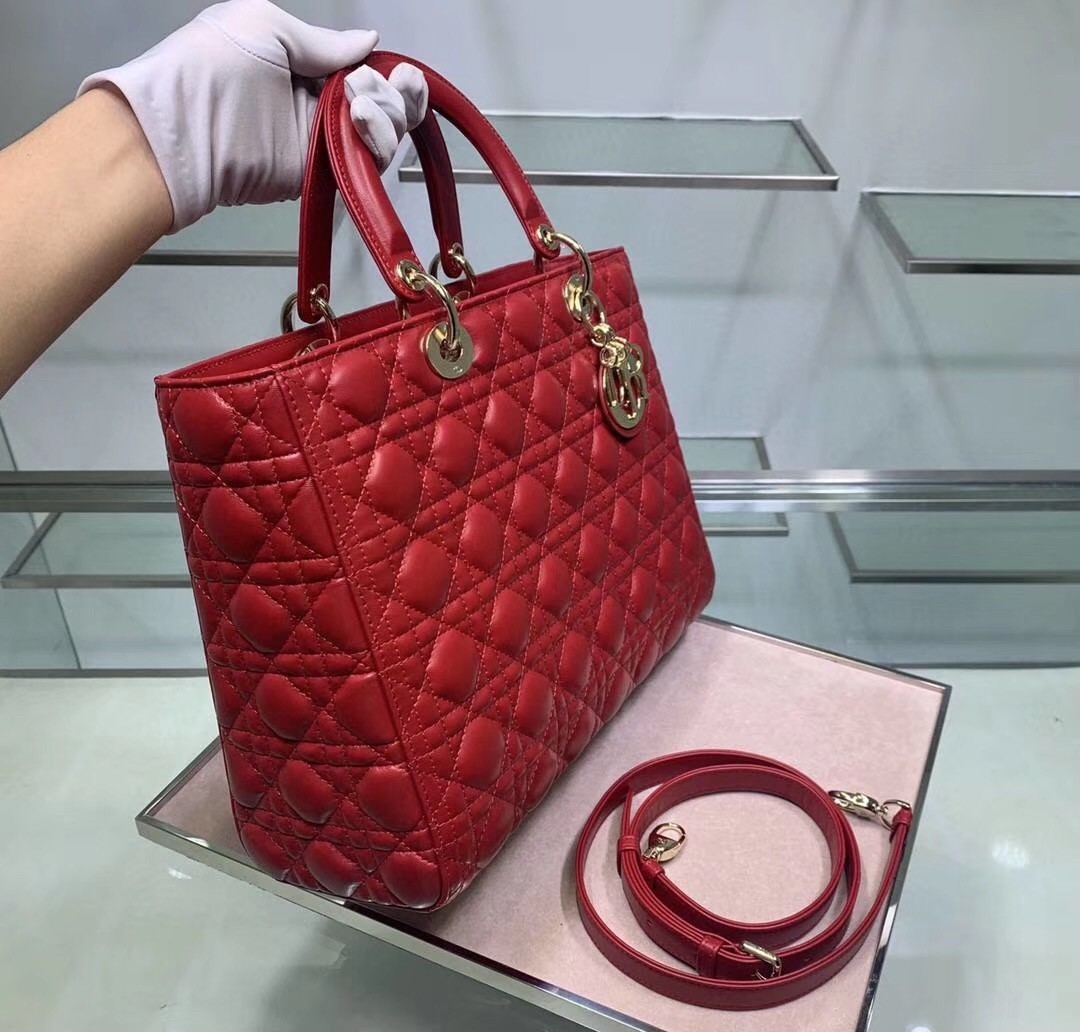 Dior Large Lady Dior Bag In Red Cannage Lambskin 763