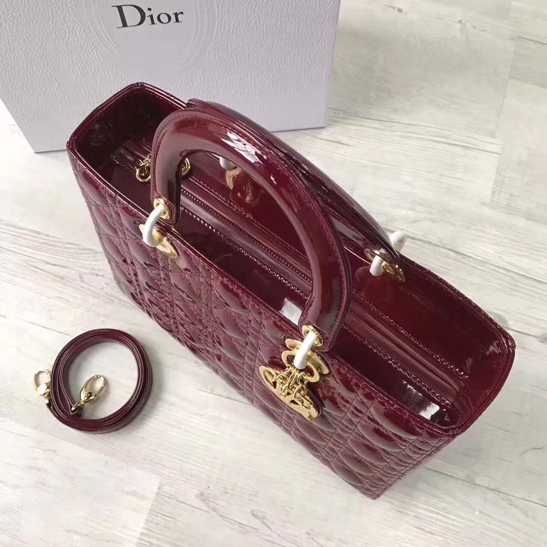 Dior Large Lady Dior Bag In Bordeaux Patent Leather 771