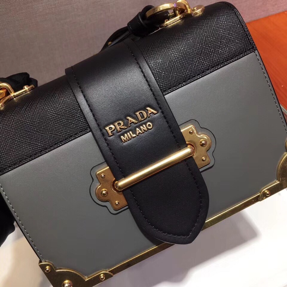 Prada Cahier Shoulder Bag In Grey/Black Leather 615