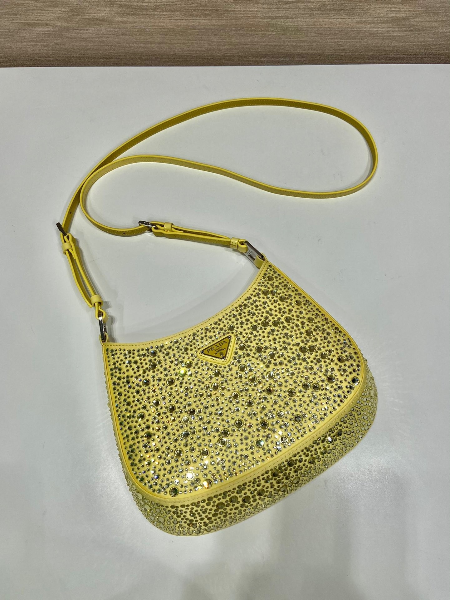 Prada Cleo Bag In Yellow Satin with Cystal Appliques 970