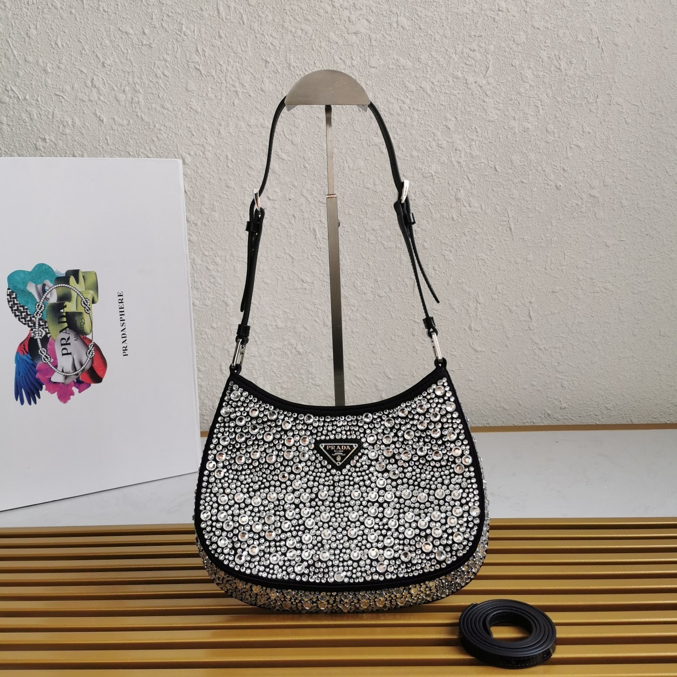 Prada Cleo Bag In Black Satin with Cystal Appliques 862