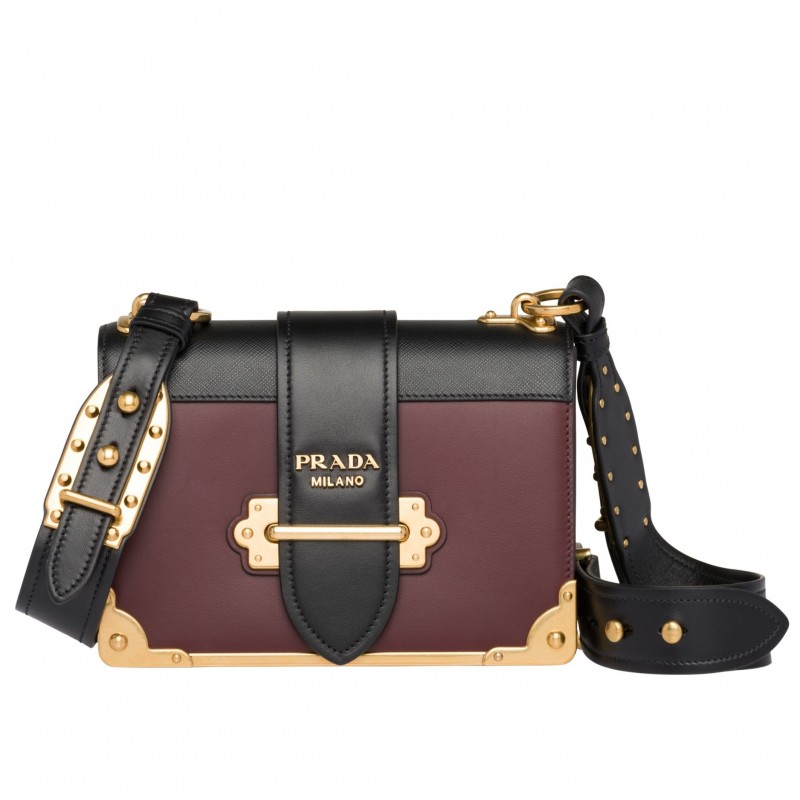 Prada Cahier Shoulder Bag In Bordeaux/Black Leather 671