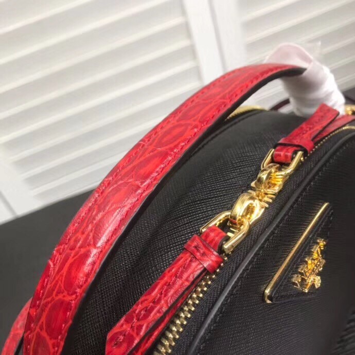 Prada Odette Black Saffiano And Red Crocodile Bag 651