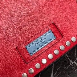 Prada Etiquette Bag In Red Calfskin With Metal Stud Trim 538