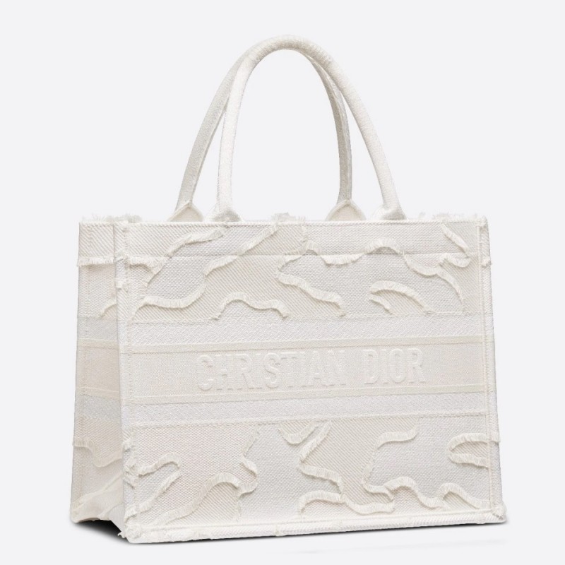 Dior Small Book Tote In White Camouflage Embroidered Canvas 053