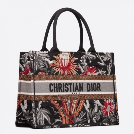 Dior Small Book Tote In Black Camouflage With Flowers 973