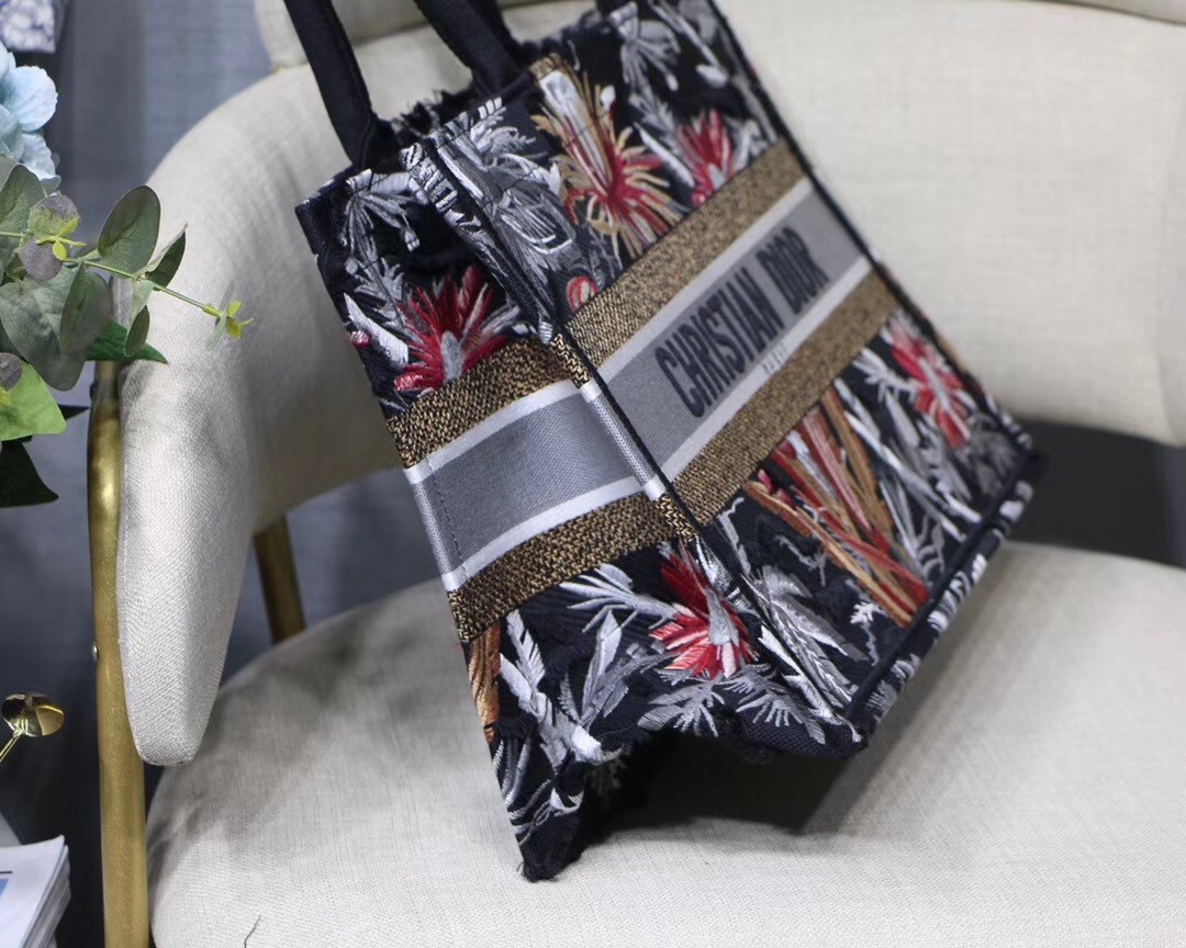 Dior Small Book Tote In Black Camouflage With Flowers 973