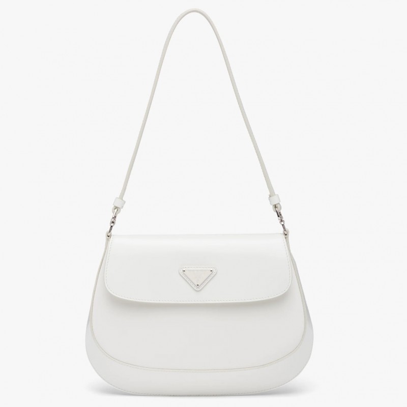 Prada White Brushed Leather Cleo Shoulder Bag with Flap 417