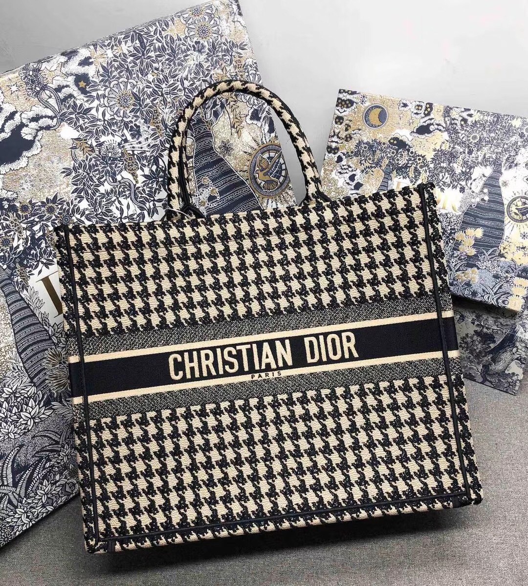 Dior Book Tote Bag In Houndstooth Embroidery Canvas 226