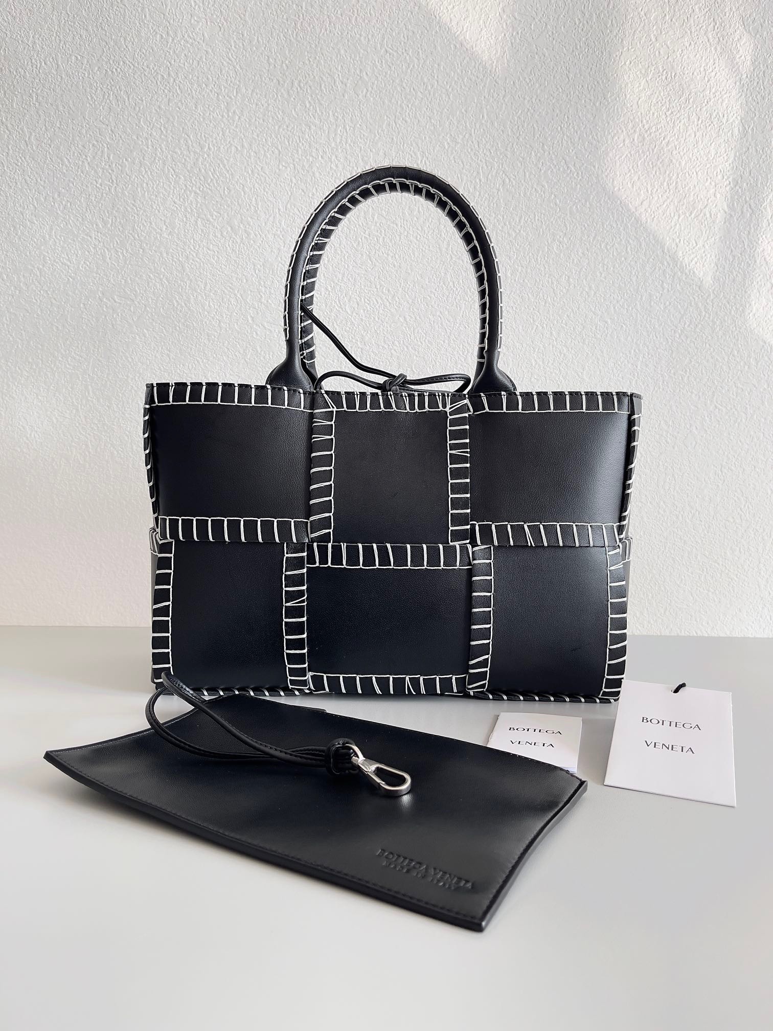 Bottega Veneta Black Arco Small Tote with White Overlock Stitching 194