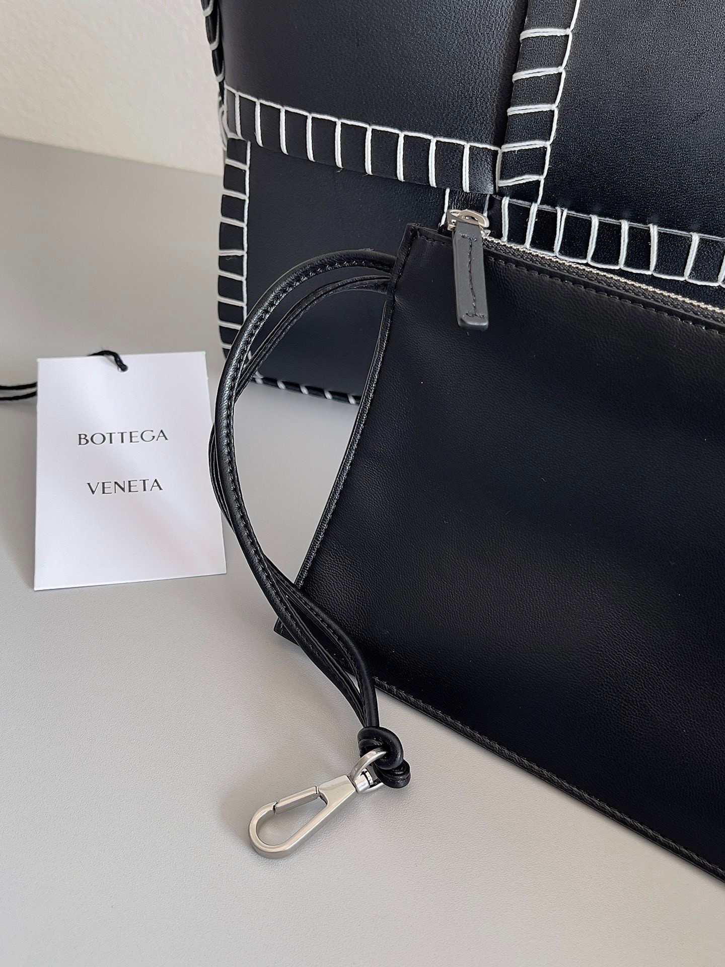 Bottega Veneta Black Arco Small Tote with White Overlock Stitching 194