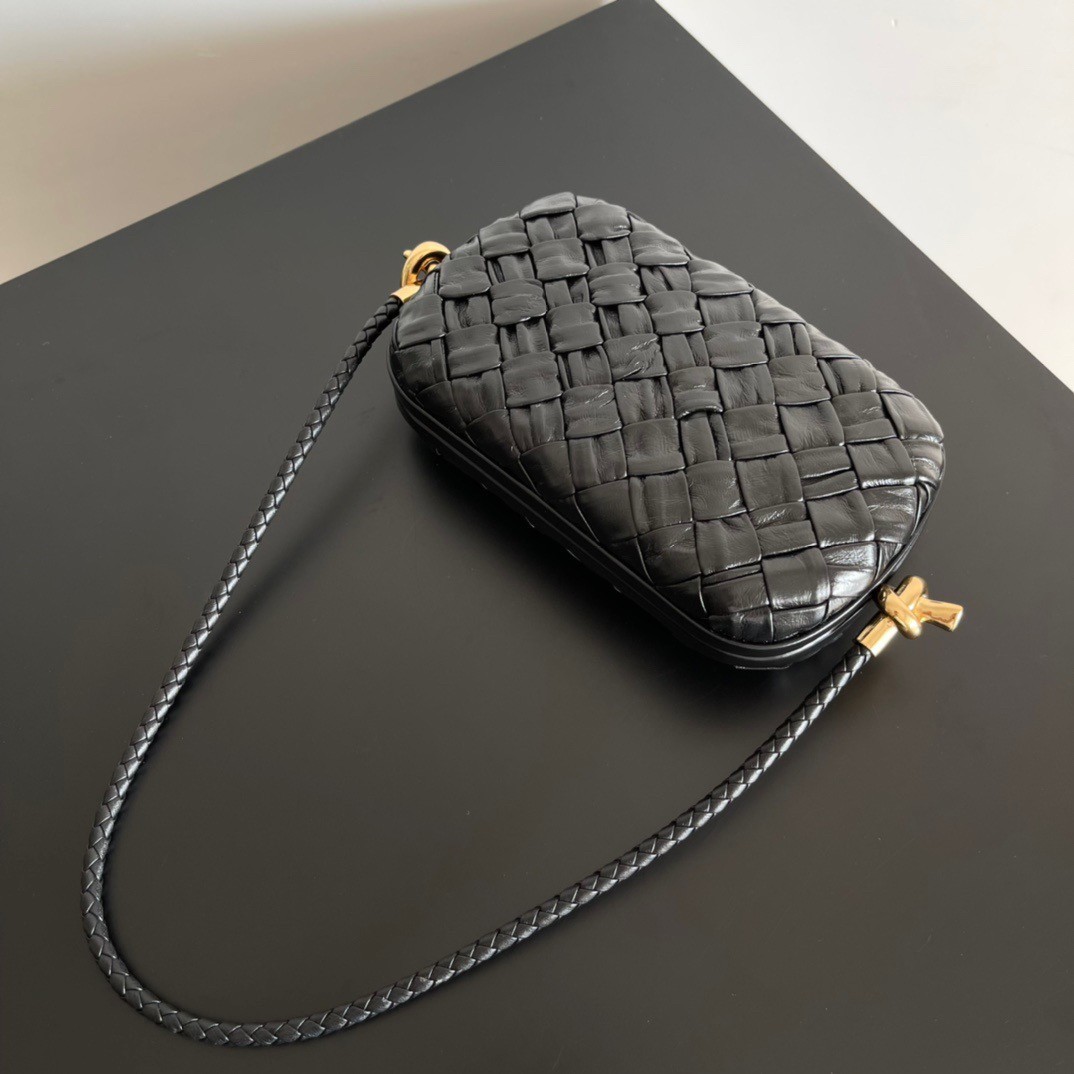 Bottega Veneta Knot Minaudiere On Strap In Black Foulard Intreccio Leather 266