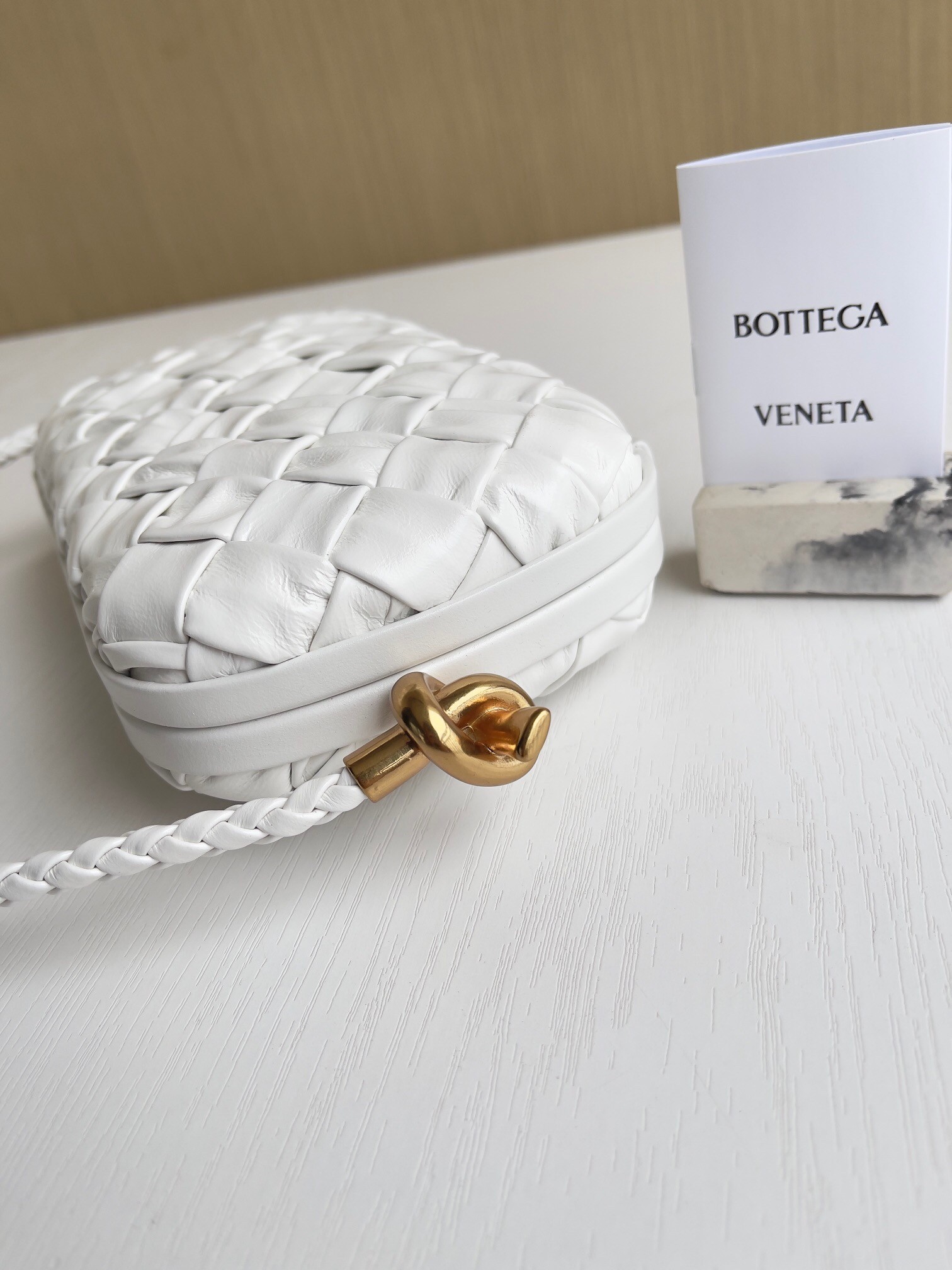 Bottega Veneta Knot Minaudiere On Strap In White Foulard Intreccio Leather 905