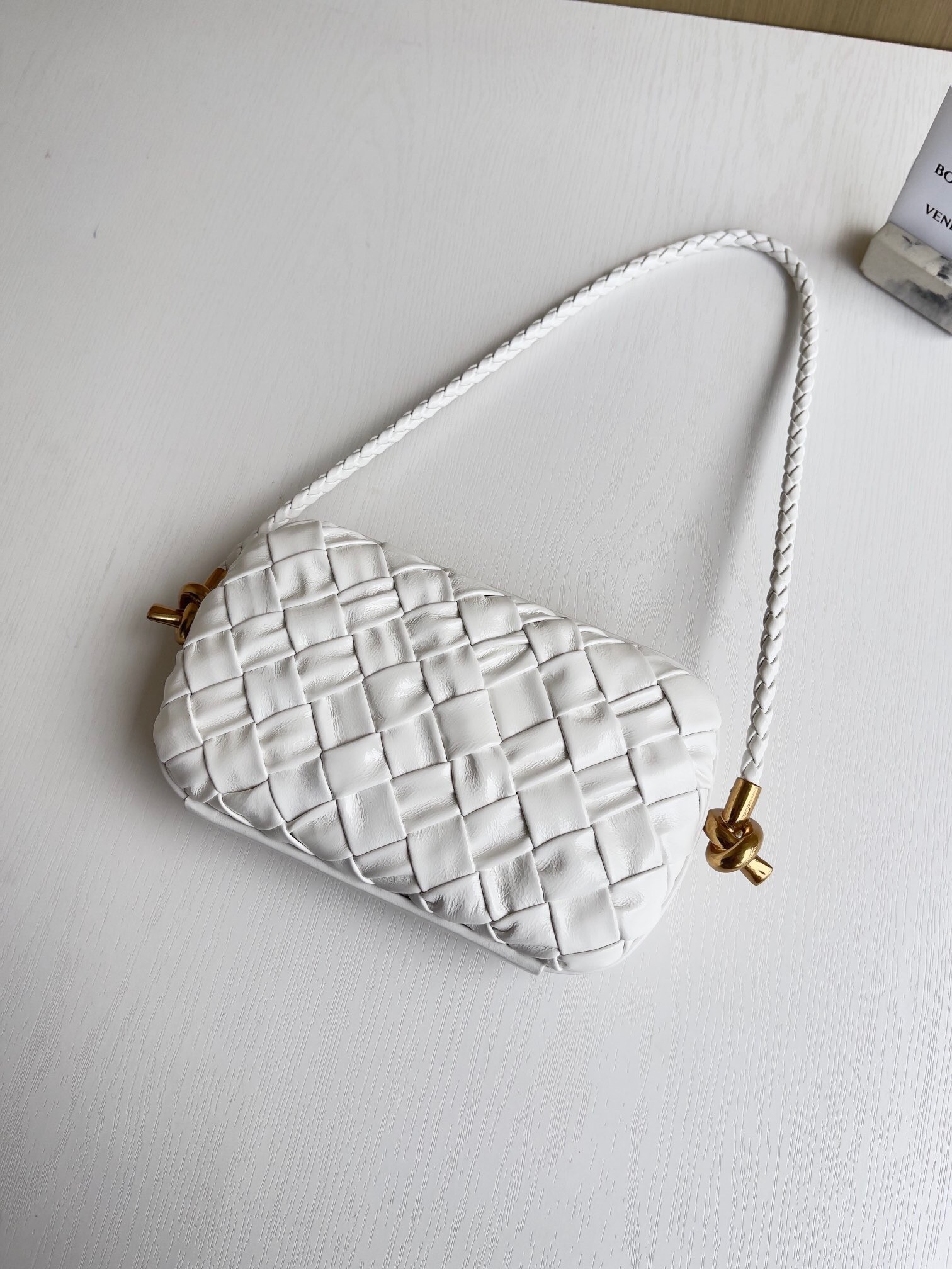 Bottega Veneta Knot Minaudiere On Strap In White Foulard Intreccio Leather 905