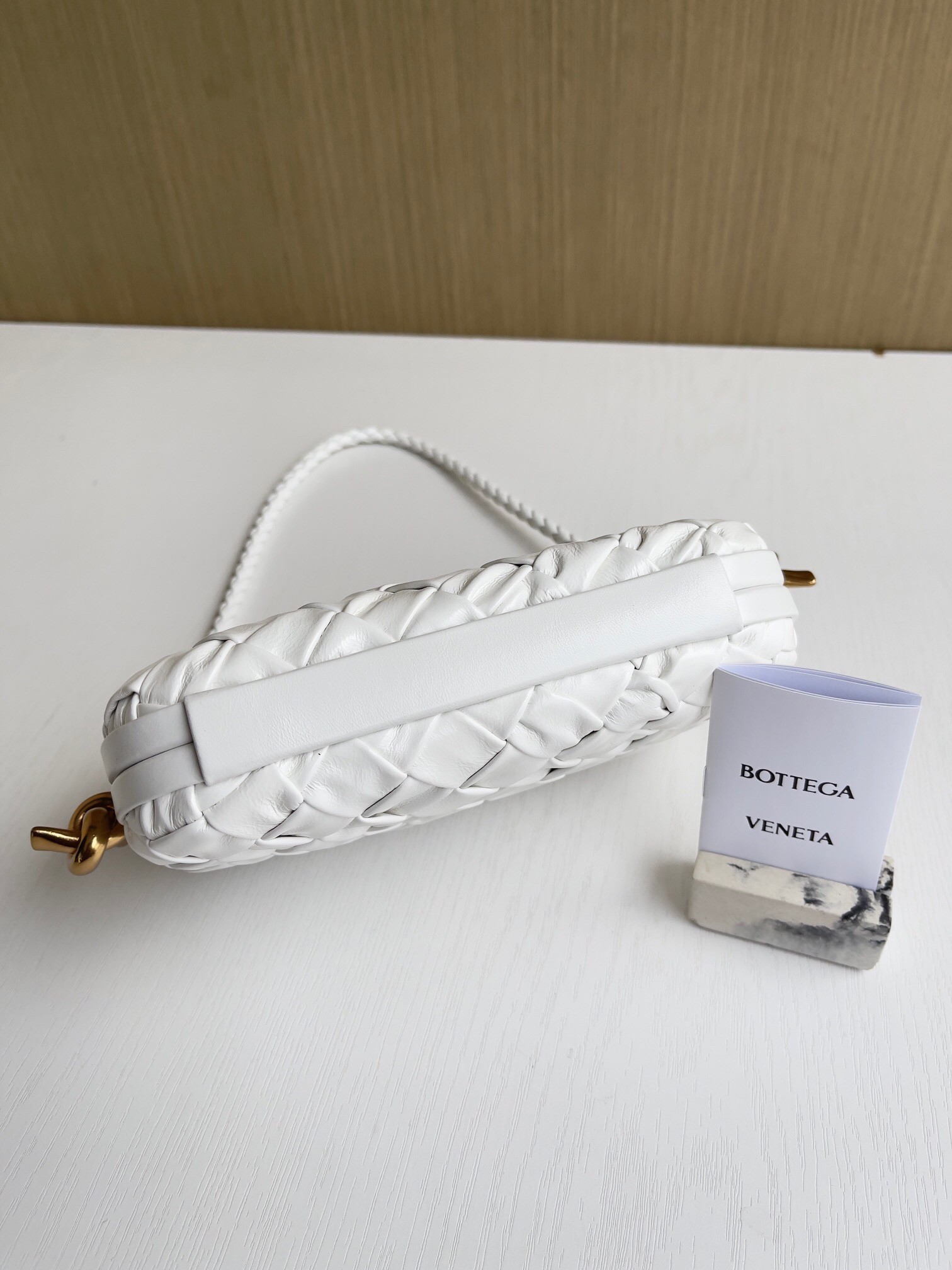 Bottega Veneta Knot Minaudiere On Strap In White Foulard Intreccio Leather 905