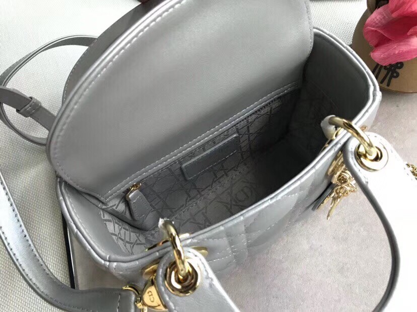 Dior Mini Lady Dior Bag In Grey Pearly Lambskin 360