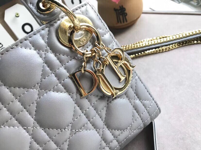 Dior Mini Lady Dior Bag In Grey Pearly Lambskin 360