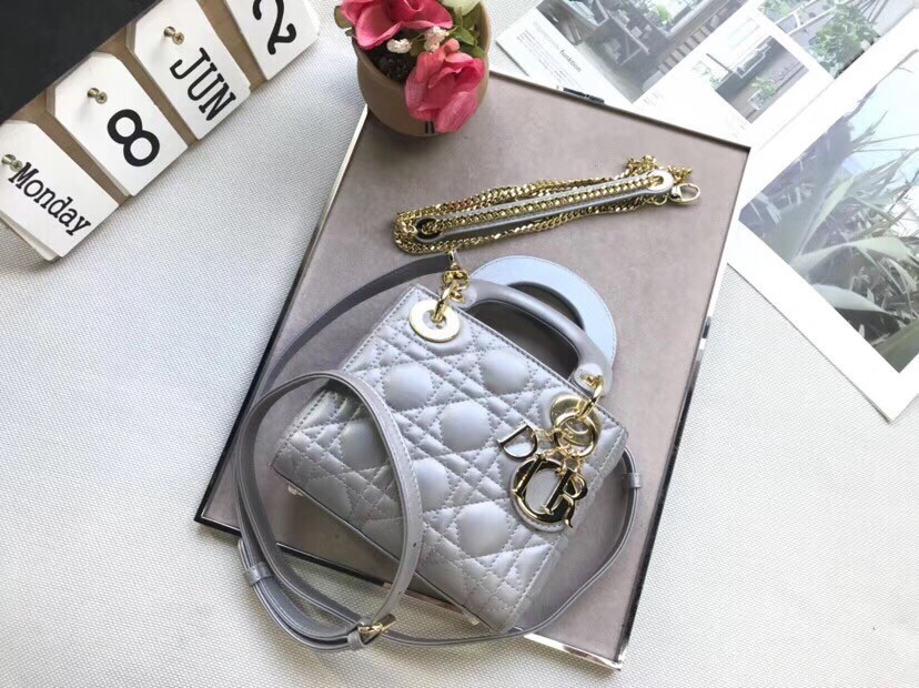 Dior Mini Lady Dior Bag In Grey Pearly Lambskin 360