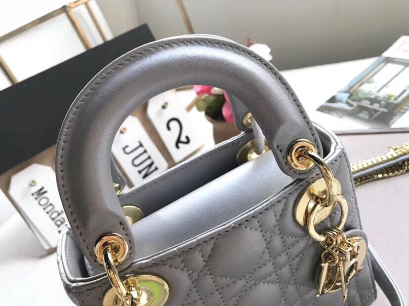 Dior Mini Lady Dior Bag In Grey Pearly Lambskin 360