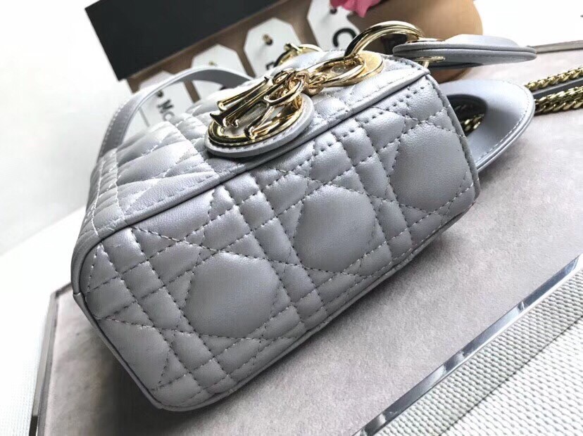 Dior Mini Lady Dior Bag In Grey Pearly Lambskin 360