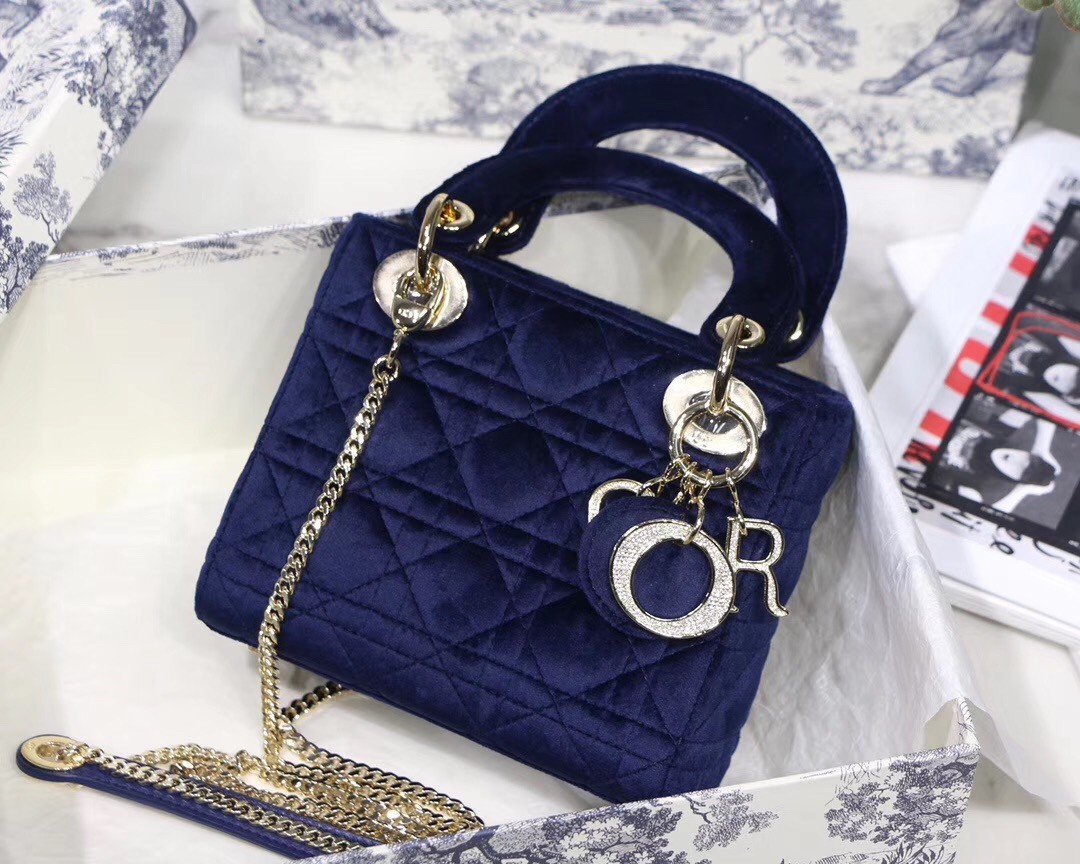 Dior Mini Lady Dior Chain Bag In Blue Velvet 819