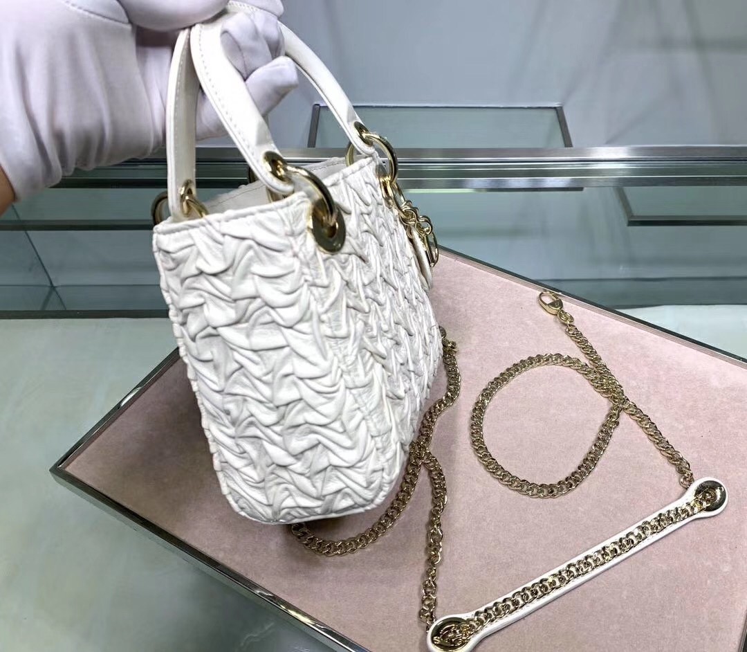 Dior Mini Lady Dior Chain Bag In White Wavy Crinkled Lambskin 120