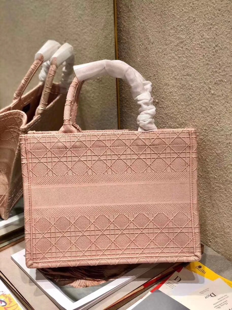 Dior Small Book Tote Bag In Pink Cannage Embroidery 890